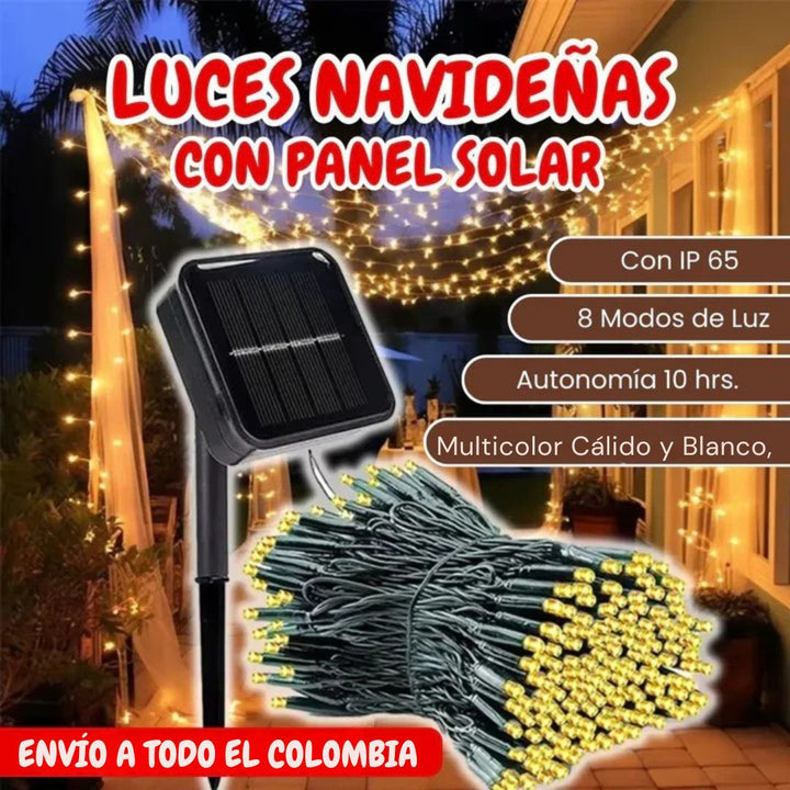 LUCES NAVIDEÑAS CON PANEL SOLAR 100 LED - 10 METROS🌞⚡