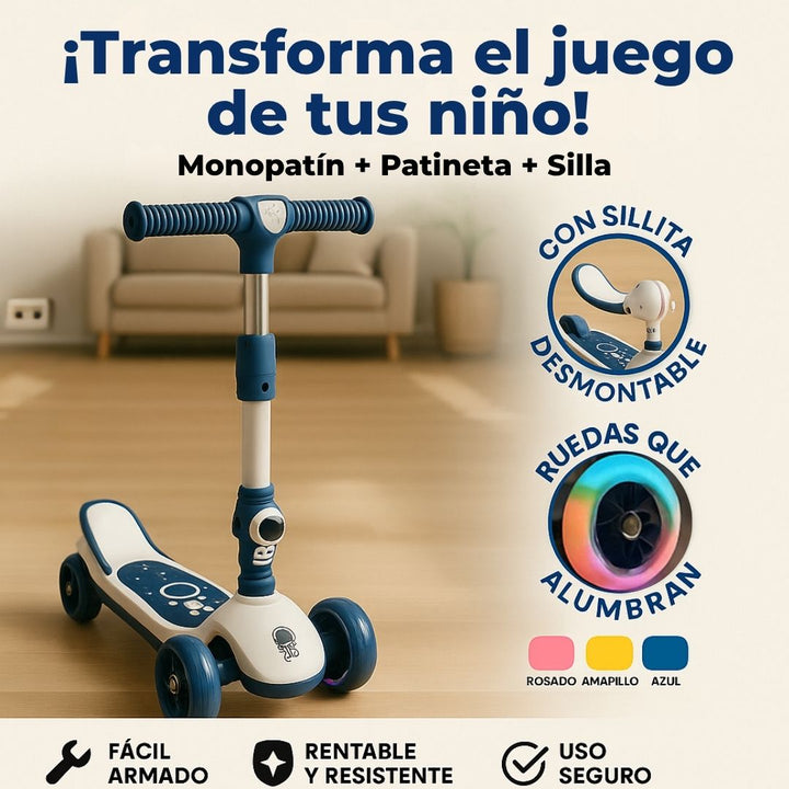 Scooter 3 en 1 (PATINETA + MONOPATIN + SILLA )  + luces en sus ruedas🛴😊
